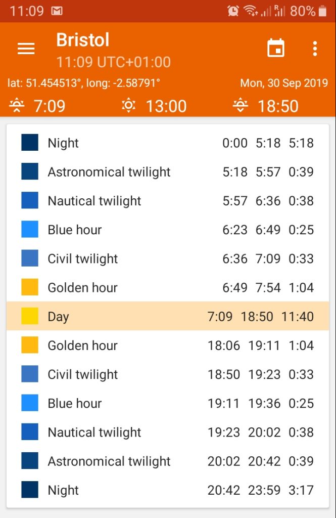 golden hour app screen shot predicting the golden and blue hour times