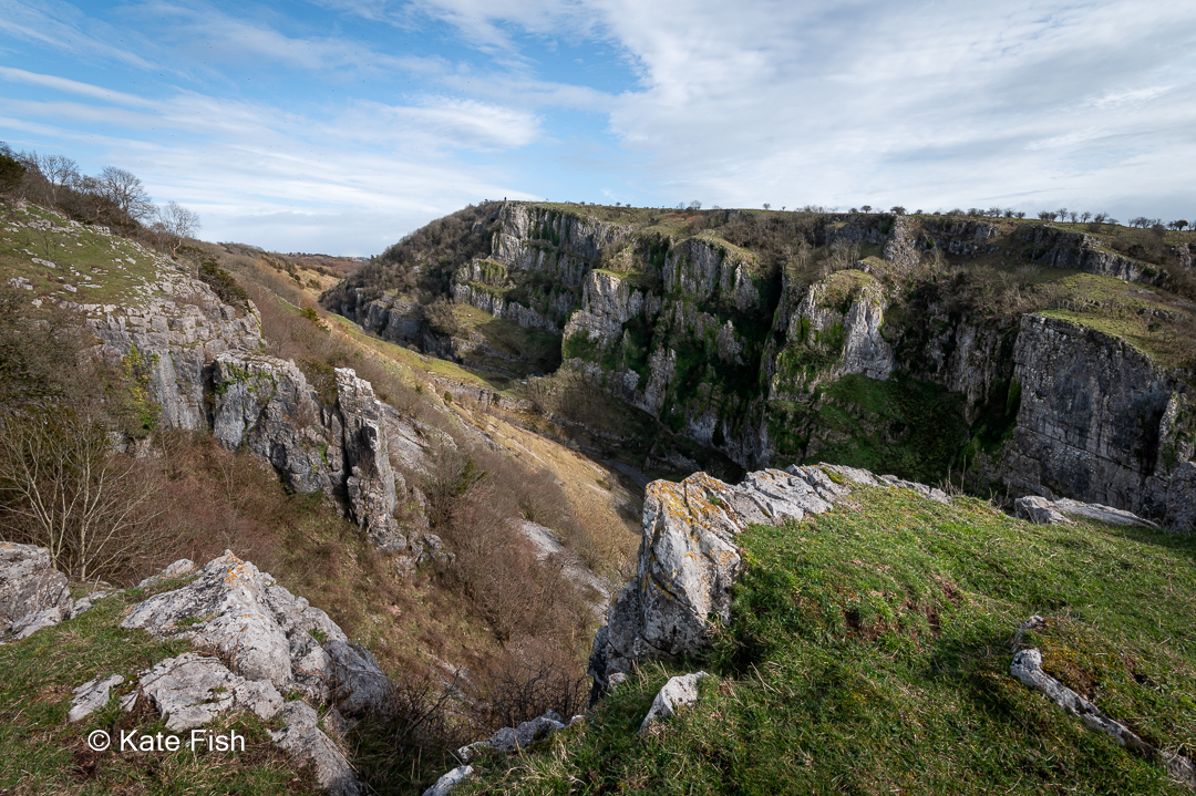 Cheddar Gorge landscape view to the East from the top of the gorge showing beautiful rocks
