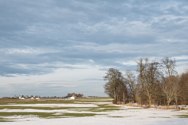 Typische Landschaft der Provinz Schonen, weite Fläche mit einem Rest Schnee, wolkigem, aber freundlichem Himmel und mit Bauernhof in der Ferne und Bäumen im Vordergrund als Beispiel für Fotolocations in Schweden