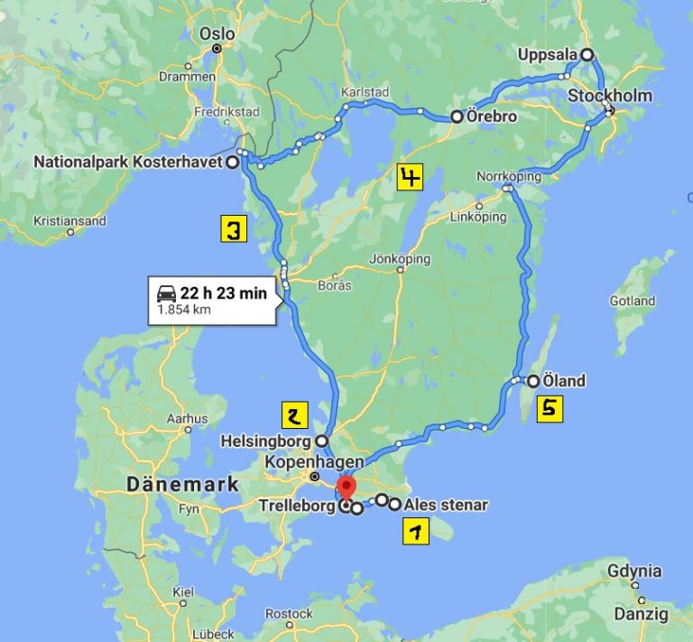 Karte der Rundreise mit den 5 vorgestellten Fotolocations in Schweden eingezeichnet