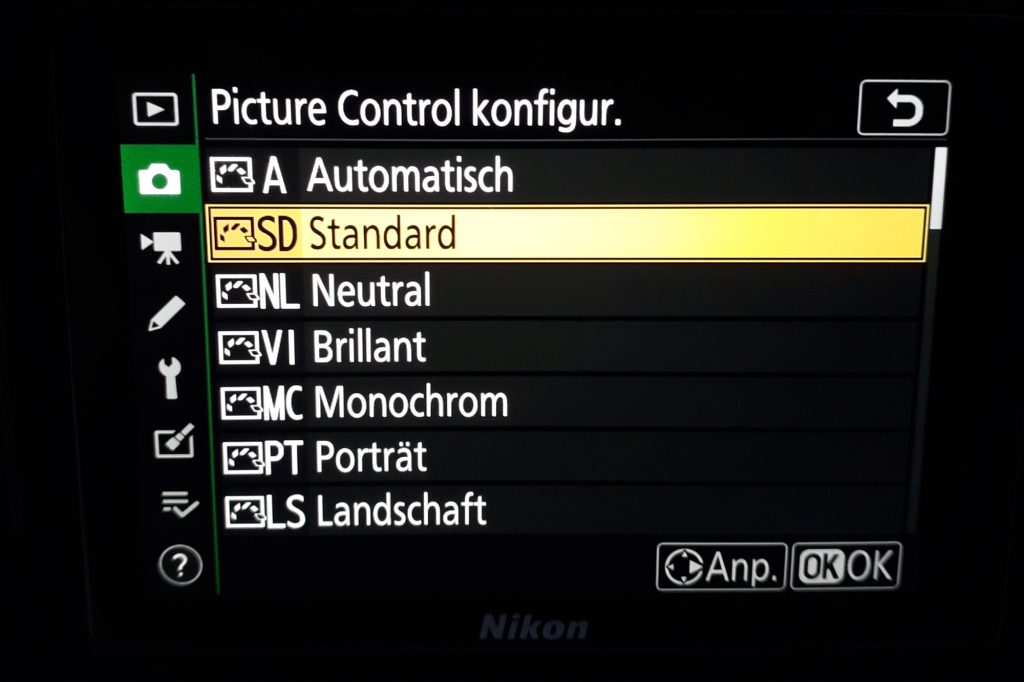 Bildstil festlegen Screenshot des Nikon Z6 displays zum zeigen, wie es geht