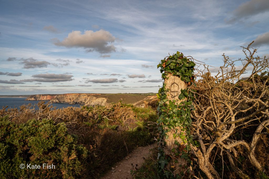 Hölzerner Wegweiser auf dem Cornwall Küstenwanderweg aus besserer Perspektive leuchtend im Vordergrund fotografiert