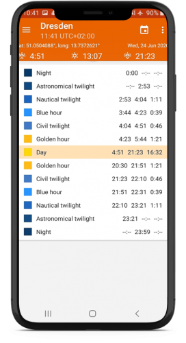 FotoApps "golden hour" screenshot der Tabellenanzeige im smartphone mockup